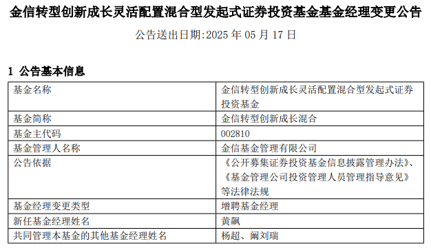 金信转型创新成长混合增聘黄飙