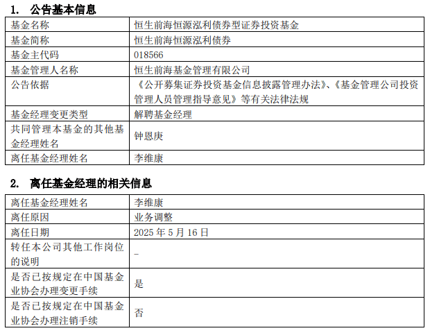 李维康离任恒生前海恒源泓利债券