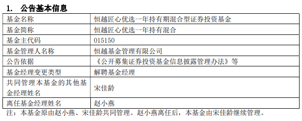 赵小燕离任恒越匠心优选一年持有混合