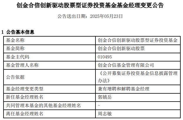 创金合信创新驱动股票增聘郭镇岳 成立4年半亏损35%