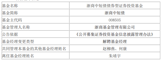 浙商基金朱靖宇离任7只债券基金