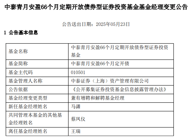 中泰青月安盈66个月定开债增聘马潇 王瑞离任