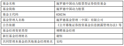 施罗德中国动力股票增聘谢恒