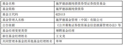 施罗德添源纯债债券增聘王文龙