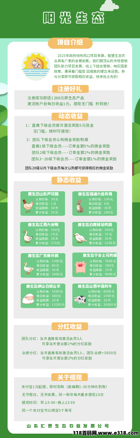 阳光生态首码注册送奖励，提现无门槛，秒到，来大团，包扶持